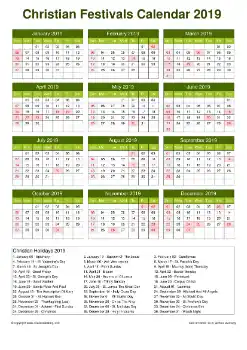 Calendar Horizintal Grid Sun Sat Christian Holiday A4 Natural 2019