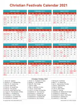 Calendar Horizintal Grid Sun Sat Christian Holiday A4 Portrait Cheerful Bright 2021