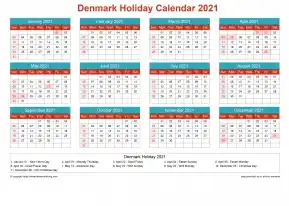 Calendar Horizintal Grid Sun Sat Denmark Holiday Cheerful Bright Landscape 2021