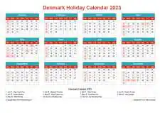 Calendar Horizintal Grid Sun Sat Denmark Holiday Cheerful Bright Landscape 2023