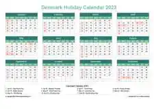 Calendar Horizintal Grid Sun Sat Denmark Holiday Watery Blue Landscape 2023