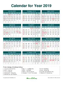 Calendar Horizintal Grid Sun Sat Federal Holiday Sa A4 Cool Blues 2019