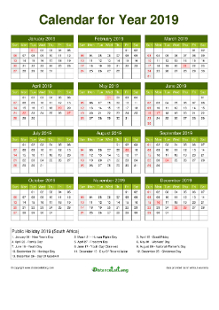 Calendar Horizintal Grid Sun Sat Federal Holiday Sa A4 Natural 2019