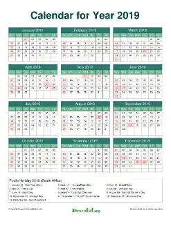 Calendar Horizintal Grid Sun Sat Federal Holiday Sa A4 Watery Blue 2019