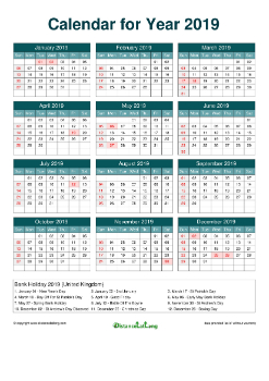 Calendar Horizintal Grid Sun Sat Federal Holiday Uk A4 Cool Blues 2019