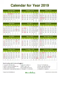 Calendar Horizintal Grid Sun Sat Federal Holiday Uk A4 Natural 2019
