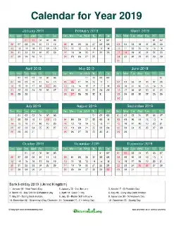 Calendar Horizintal Grid Sun Sat Federal Holiday Uk A4 Watery Blue 2019