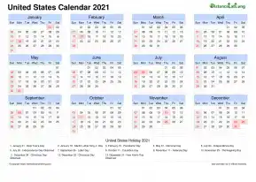 Calendar Horizintal Grid Sun Sat Federal Holiday United States Landscape 2021