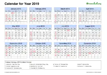 Calendar Horizintal Grid Sun Sat Federal Holiday Us 2019