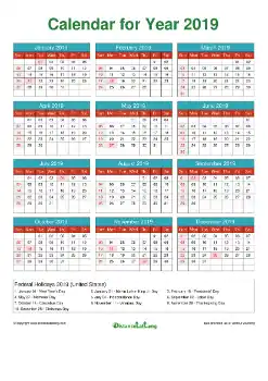 Calendar Horizintal Grid Sun Sat Federal Holiday Us A4 Cheerful Brights 2019