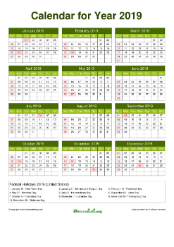 Calendar Horizintal Grid Sun Sat Federal Holiday Us A4 Natural 2019