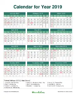 Calendar Horizintal Grid Sun Sat Federal Holiday Us A4 Watery Blue 2019