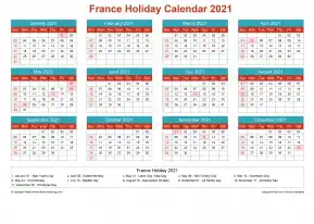 Calendar Horizintal Grid Sun Sat France Holiday Cheerful Bright Landscape 2021