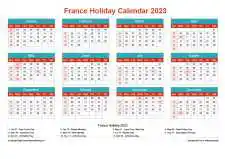 Calendar Horizintal Grid Sun Sat France Holiday Cheerful Bright Landscape 2023