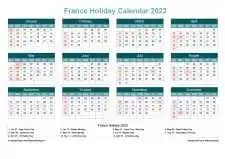 Calendar Horizintal Grid Sun Sat France Holiday Cool Blue Landscape 2023