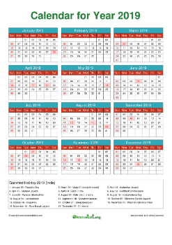 Calendar Horizintal Grid Sun Sat Gazetted Holiday India A4 Cheerful Brights 2019