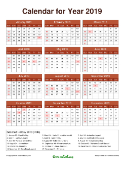 Calendar Horizintal Grid Sun Sat Gazetted Holiday India A4 Portrait Earthy Color 2019