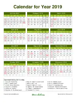 Calendar Horizintal Grid Sun Sat Gazetted Holiday India A4 Portrait Natura 2019