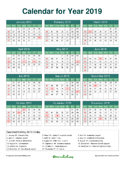 Calendar Horizintal Grid Sun Sat Gazetted Holiday India A4 Watery Blue 2019