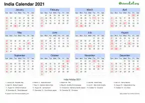 Calendar Horizintal Grid Sun Sat Gazetted Holiday India Landscape 2021