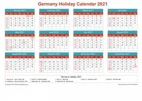 Calendar Horizintal Grid Sun Sat Germany Holiday Cheerful Bright Landscape 2021