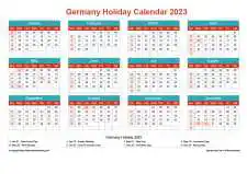Calendar Horizintal Grid Sun Sat Germany Holiday Cheerful Bright Landscape 2023