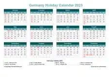 Calendar Horizintal Grid Sun Sat Germany Holiday Cool Blue Landscape 2023
