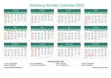 Calendar Horizintal Grid Sun Sat Germany Holiday Watery Blue Landscape 2023