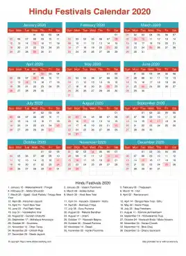 Calendar Horizintal Grid Sun Sat Hindu Holiday A4 Cheerful Bright 2020