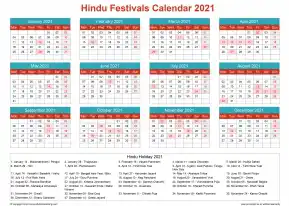 Calendar Horizintal Grid Sun Sat Hindu Holiday A4 Landscape Cheerful Bright 2021