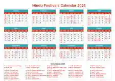 Calendar Horizintal Grid Sun Sat Hindu Holiday A4 Landscape Cheerful Bright 2023