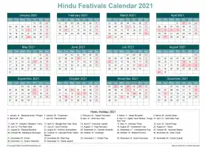 Calendar Horizintal Grid Sun Sat Hindu Holiday A4 Landscape Cool Blue 2021