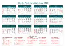 Calendar Horizintal Grid Sun Sat Hindu Holiday A4 Landscape Cool Blue 2023