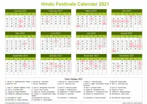 Calendar Horizintal Grid Sun Sat Hindu Holiday A4 Landscape Natural 2021