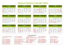 Calendar Horizintal Grid Sun Sat Hindu Holiday A4 Landscape Natural 2023