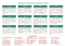 Calendar Horizintal Grid Sun Sat Hindu Holiday A4 Landscape Watery Blue 2023