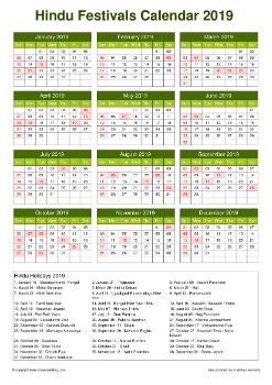 Calendar Horizintal Grid Sun Sat Hindu Holiday A4 Natural 2019