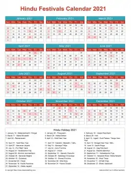Calendar Horizintal Grid Sun Sat Hindu Holiday A4 Portrait Cheerful Bright 2021