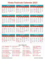 Calendar Horizintal Grid Sun Sat Hindu Holiday A4 Portrait Cheerful Bright 2023