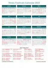 Calendar Horizintal Grid Sun Sat Hindu Holiday A4 Portrait Cool Blue 2023