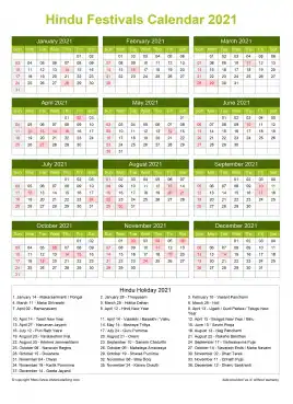 Calendar Horizintal Grid Sun Sat Hindu Holiday A4 Portrait Natural 2021