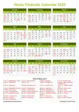 Calendar Horizintal Grid Sun Sat Hindu Holiday A4 Portrait Natural 2023