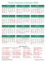 Calendar Horizintal Grid Sun Sat Hindu Holiday A4 Portrait Watery Blue 2023