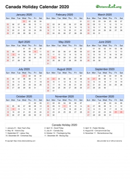 Calendar Horizintal Grid Sun Sat Holiday Canada A4 Portrait 2020