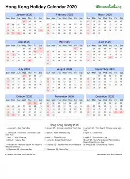 Calendar Horizintal Grid Sun Sat Holiday Hong Kong A4 Portrait 2020