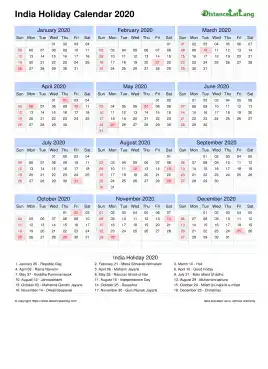 Calendar Horizintal Grid Sun Sat Holiday India A4 Portrait 2020