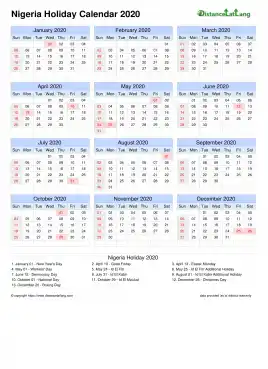 Calendar Horizintal Grid Sun Sat Holiday Nigeria A4 Portrait 2020