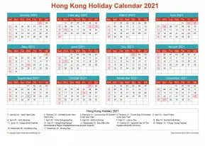 Calendar Horizintal Grid Sun Sat Hong Kong Holiday Cheerful Bright Landscape 2021
