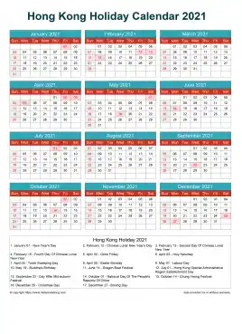Calendar Horizintal Grid Sun Sat Hong Kong Holiday Cheerful Bright Portrait 2021