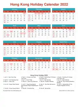 Calendar Horizintal Grid Sun Sat Hong Kong Holiday Cheerful Bright Portrait 2022